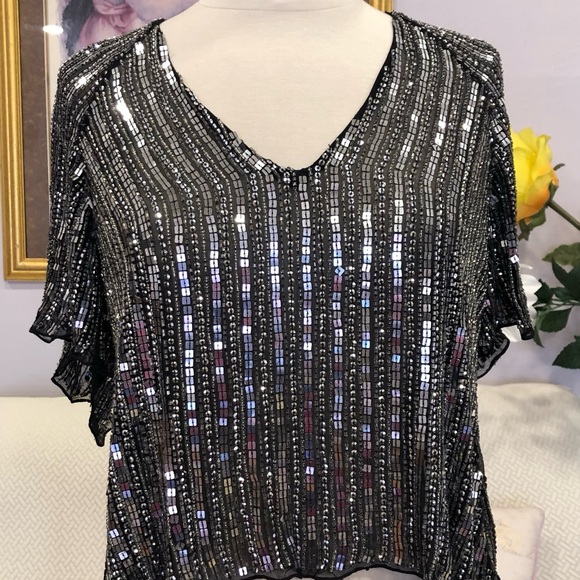 Parker Gunmetal high low silver sequin silk blouse size small new! - Picture 2 of 6